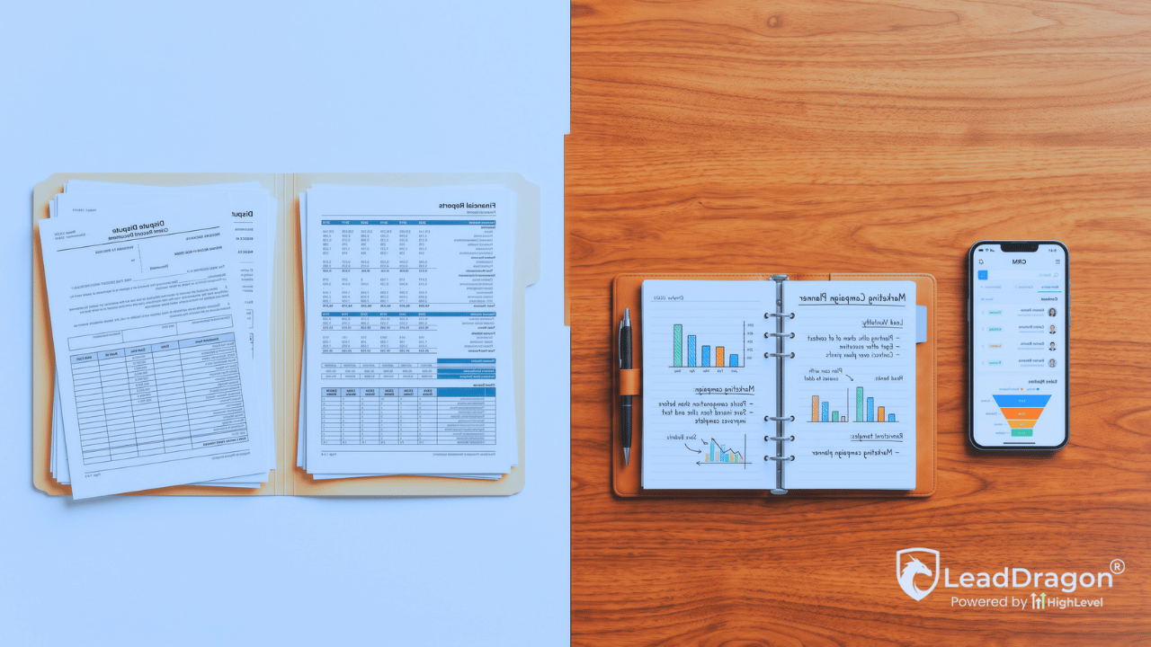 A split desk showing a marketing CRM on a smartphone next to dispute fulfillment documents, illustrating the separation of software tools.