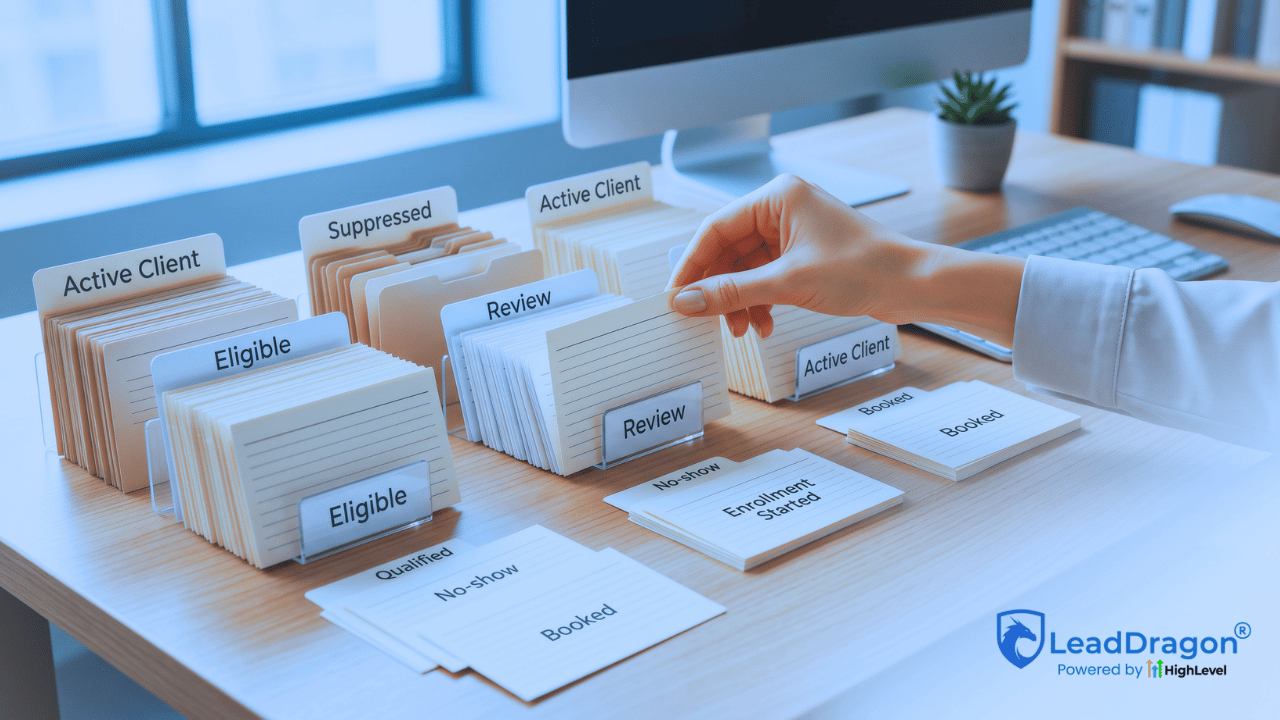Credit repair database reactivation records sorted into eligible, review, suppressed, and active client groups before outreach.