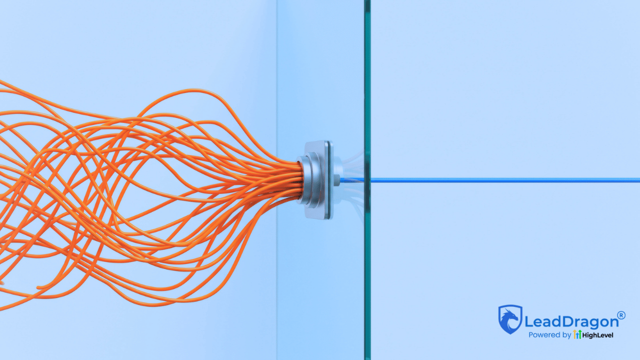 GoHighLevel Credit Repair Cloud Integration Handoff Messy cables entering a glass wall and emerging as a single clean line, representing an organized GoHighLevel Credit Repair Cloud integration.