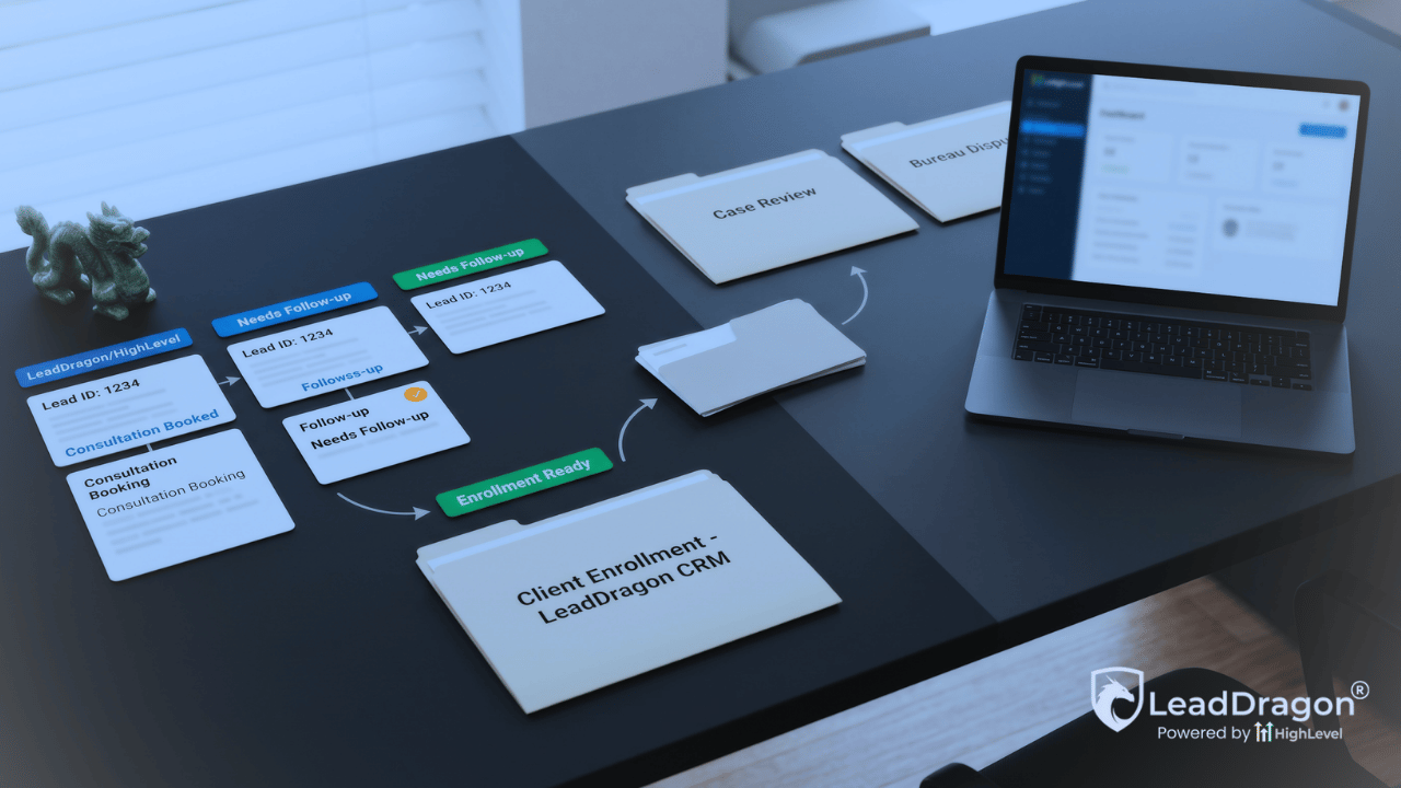 GoHighLevel credit repair setup showing LeadDragon sales tracking and a clean handoff to dispute fulfillment software