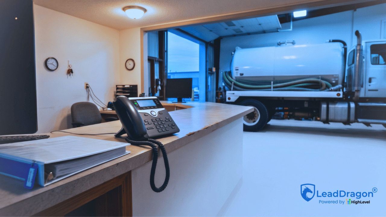 Empty septic company dispatch office after hours with an active business phone and septic truck visible through the service bay