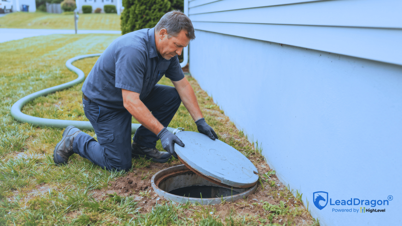 Septic technician closing a residential tank riser after a completed pump-out.