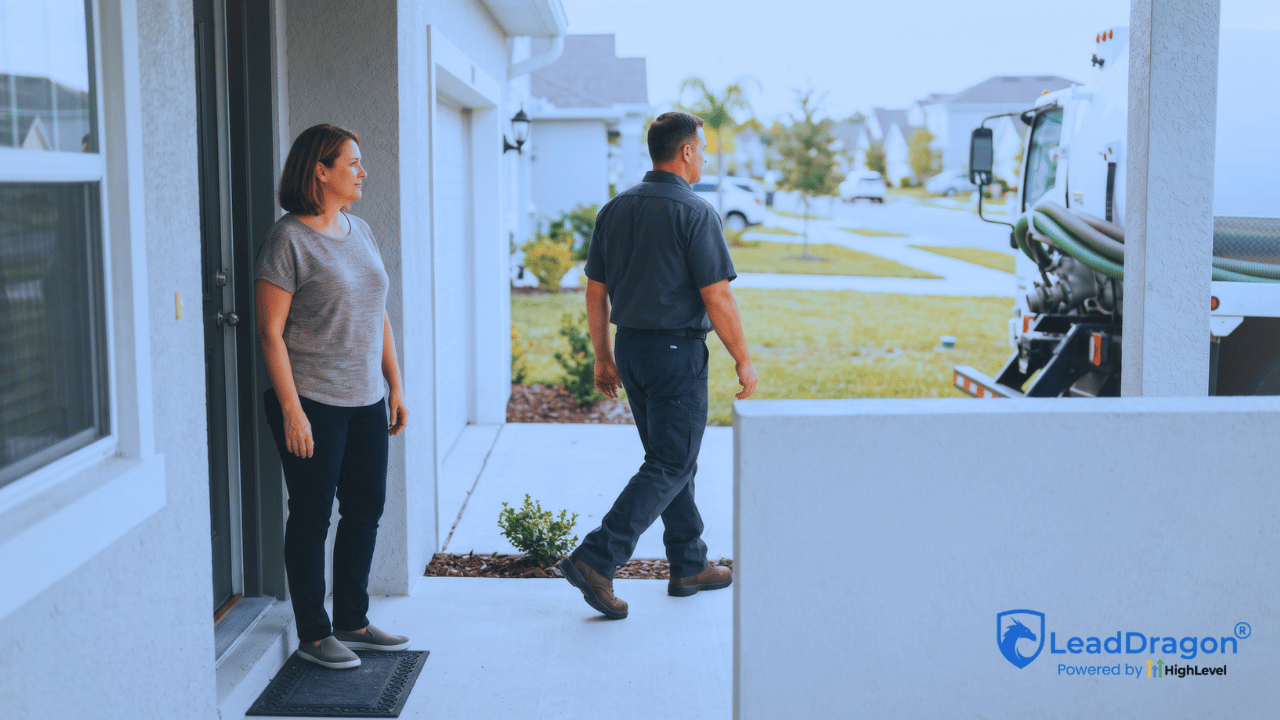 Homeowner watches a septic technician leave after completing a residential service visit.
