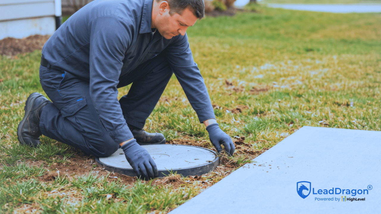 Septic technician inspects a closed residential tank access after a customer service concern.