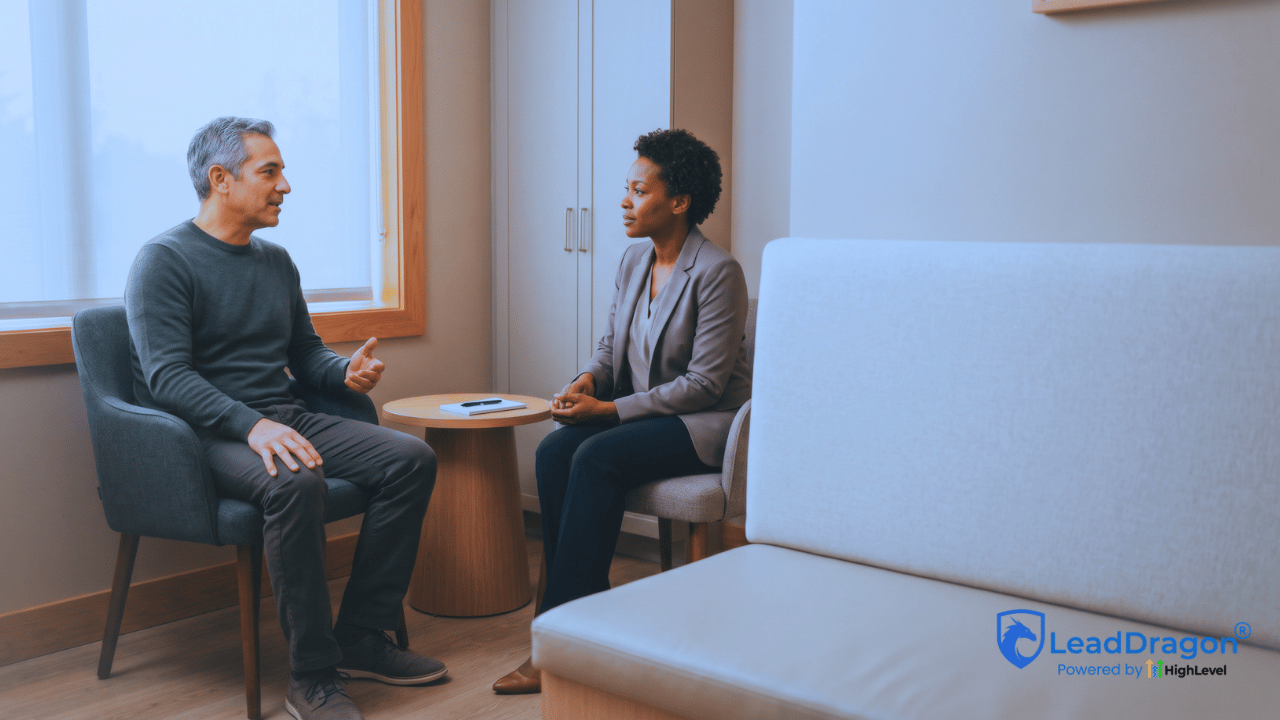 Med spa visitor and consultation team member speaking in a private consultation room without treatment taking place.