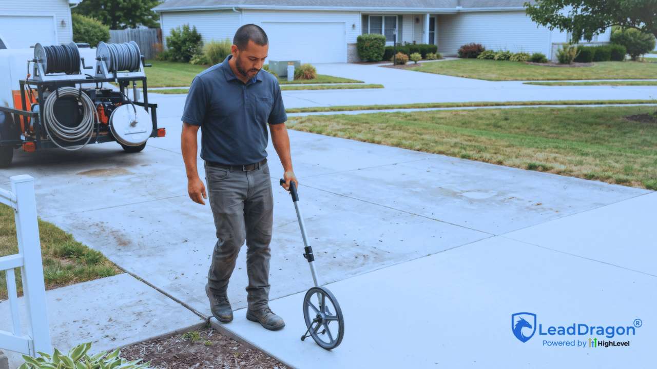Pressure washing contractor measures a residential driveway during an onsite estimate visit.
