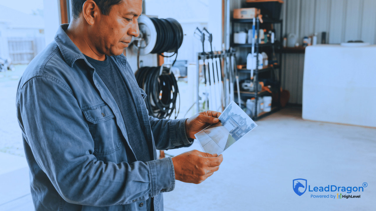 Pressure washing business operator reviews a photograph of a completed driveway cleaning beside stored service equipment.