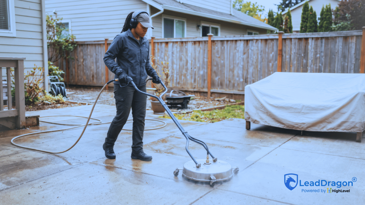 Pressure washing technician operates a circular surface cleaner on residential patio paving while wearing hearing protection.